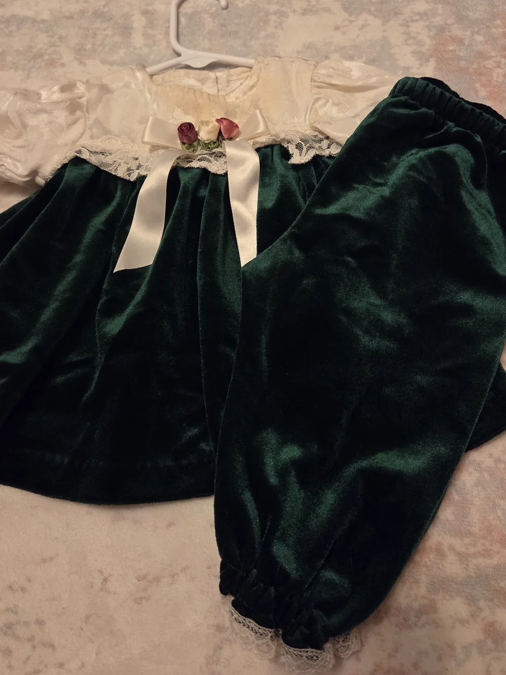 Children's Green and Cream Velvet Party Dress - Brand: Rose Cottage.